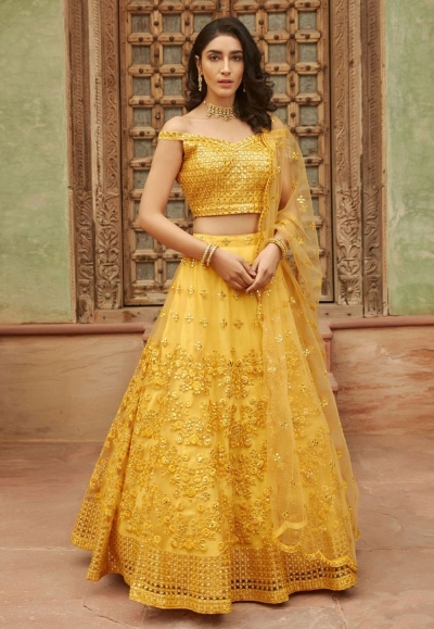 Yellow organza embroidered lehenga choli 1004