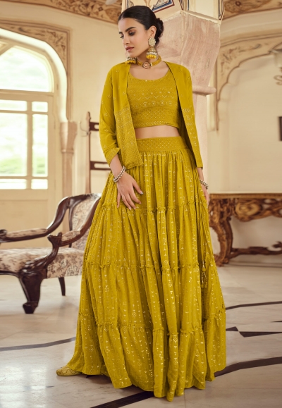 Mustard georgette readymade jacket style lehenga choli 8201