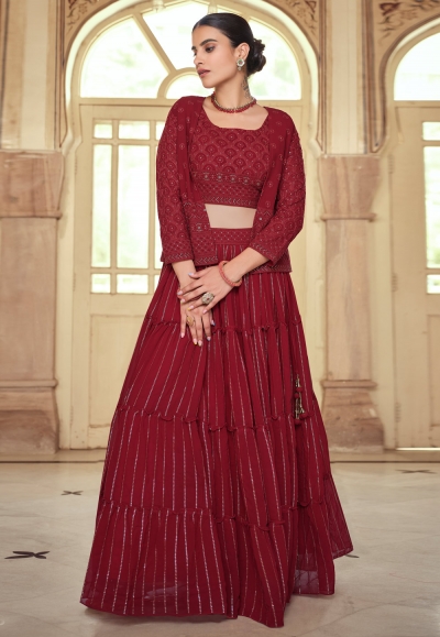 Maroon georgette readymade jacket style lehenga choli 8206