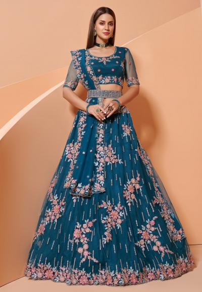 Blue net embroidered lehenga choli 1030