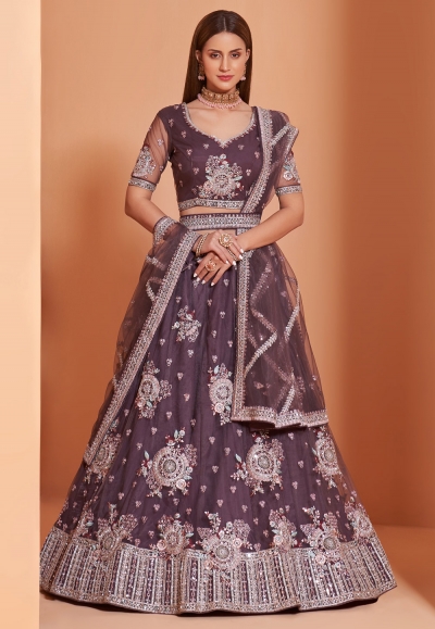 Purple net embroidered lehenga choli 1032