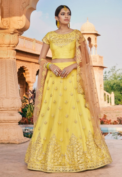 Yellow net embroidered lehenga choli 4220