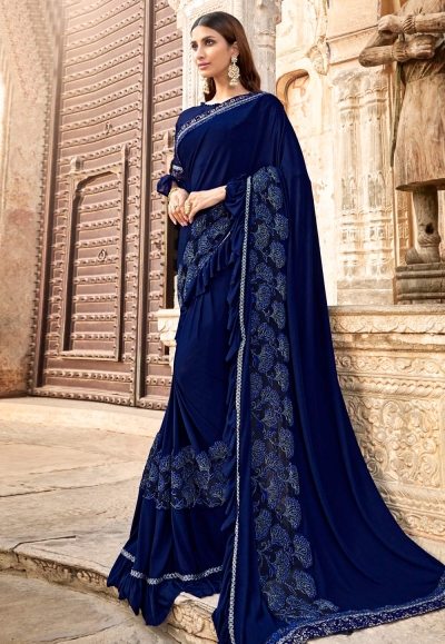 Navy blue jacquard silk saree with blouse 38325