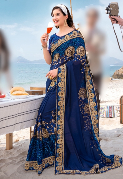 Navy blue barfi silk saree with blouse 67885