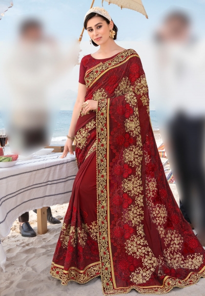 Maroon barfi silk festival wear saree 67886