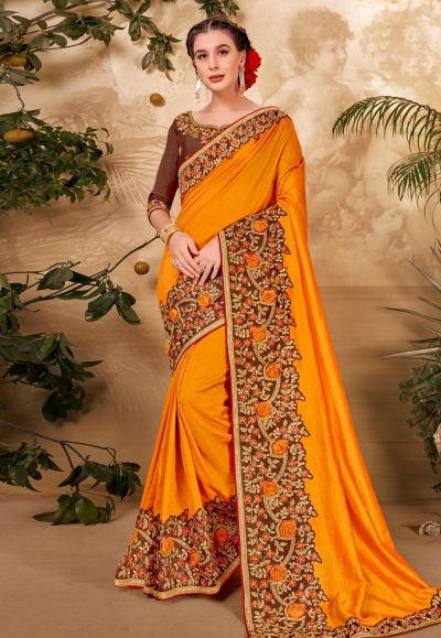 Yellow silk georgette festival wear saree 64352