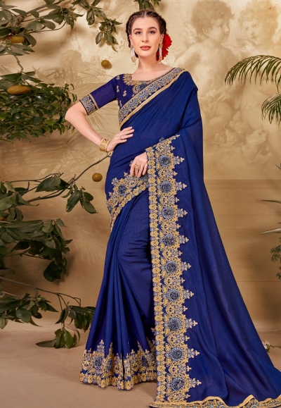 Navy blue silk georgette festival wear saree 64354