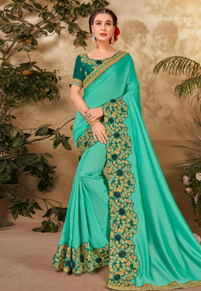 Sea green silk georgette saree with blouse 64353