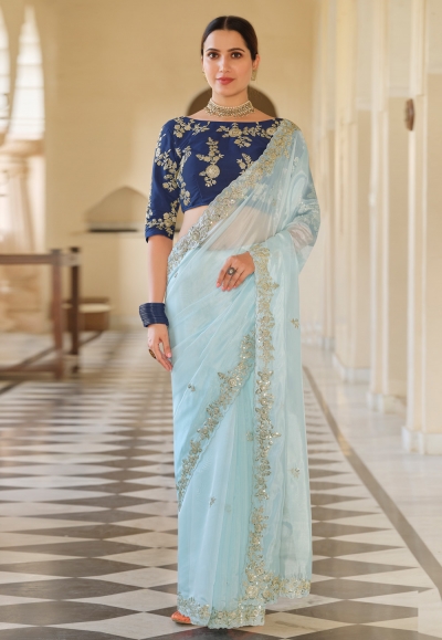 Sky blue organza party wear saree 7602