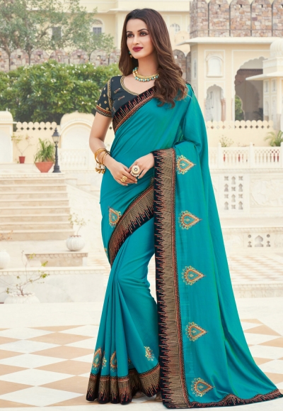 Turquoise silk saree with blouse 3608