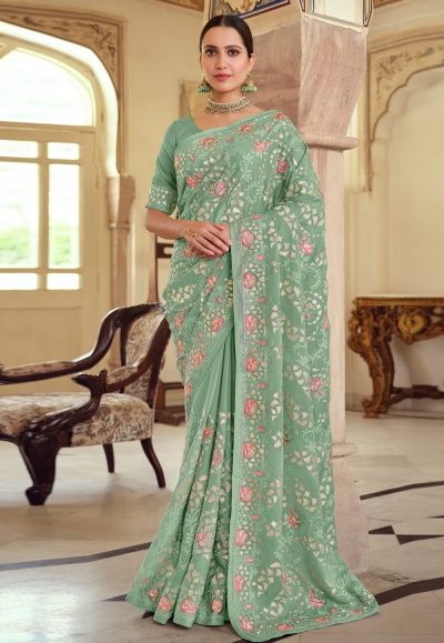 Green satin georgette festival wear saree 7501