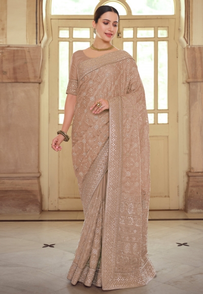 Beige satin georgette festival wear saree 7513