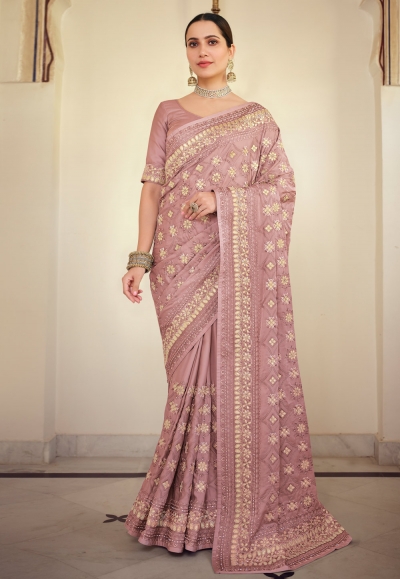 Pink satin georgette festival wear saree 7519