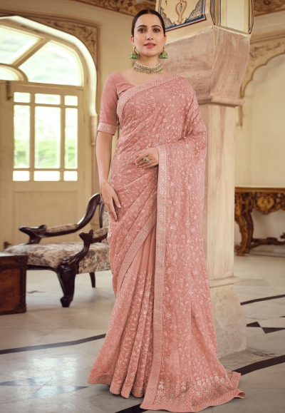 Pink chiffon saree with blouse 7526