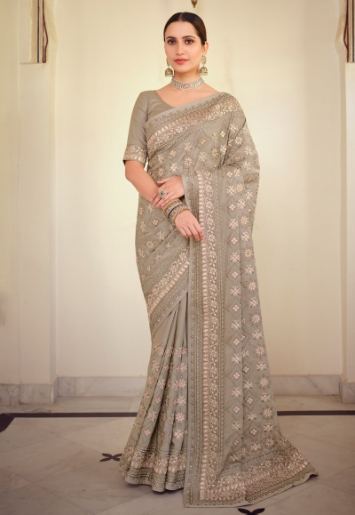 Grey satin georgette festival wear saree 7527