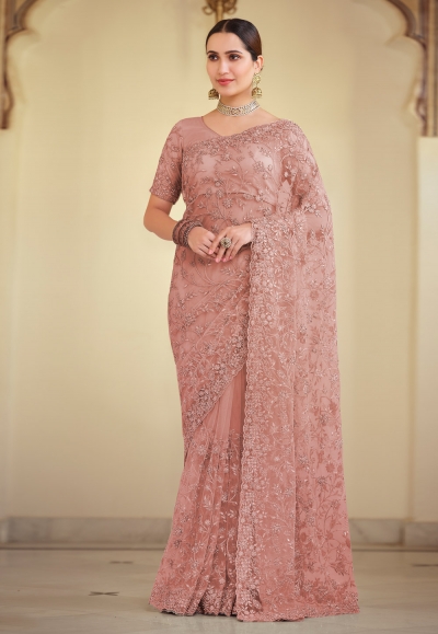 Pink net saree with blouse 7528