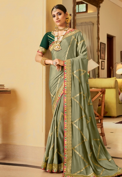 Light green silk saree with blouse 2606