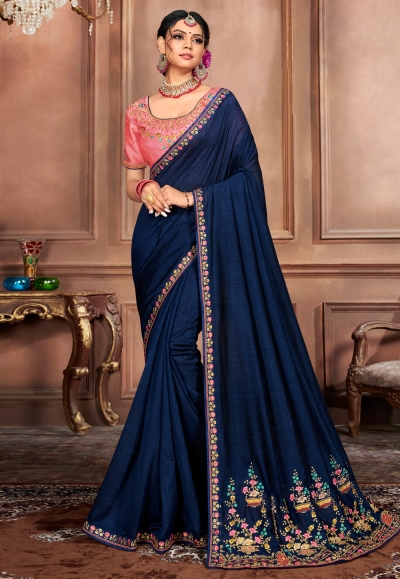 Navy blue silk saree with blouse 1504