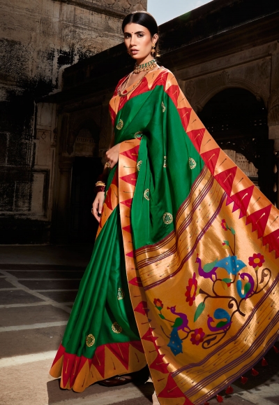 Green silk saree with blouse 1407