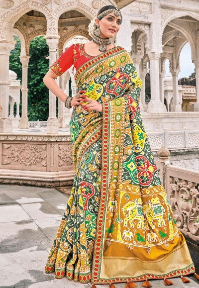 Green silk patola print saree 5816