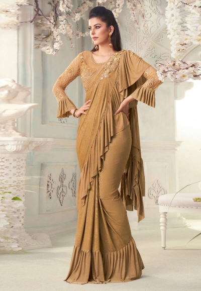 Brown silk ruffle border saree 7106