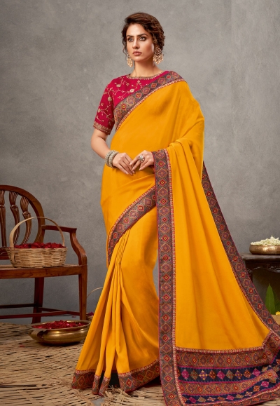 Yellow satin silk saree with blouse 41520