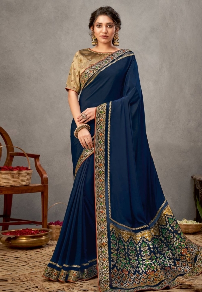 Navy blue satin silk festival wear saree 41521