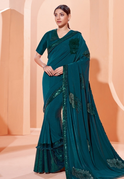 Teal lycra saree with blouse 41301