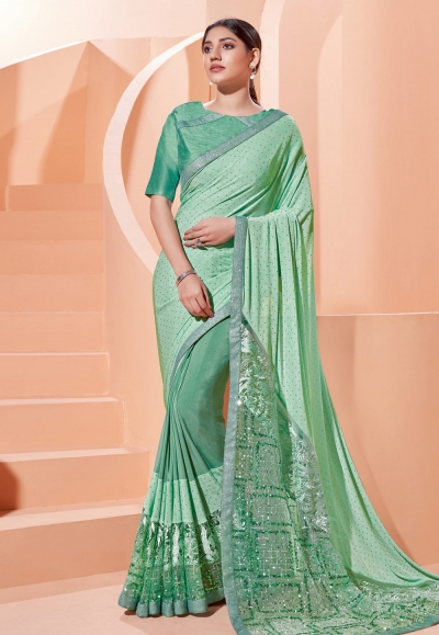 Green lycra saree with blouse 41307