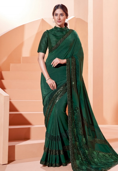 Green lycra saree with blouse 41309