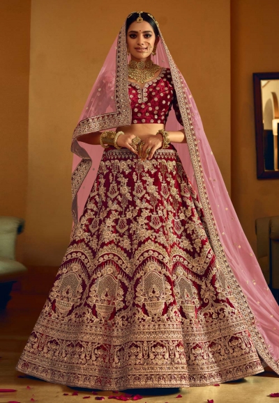 Maroon velvet sequins work bridal lehenga 5603