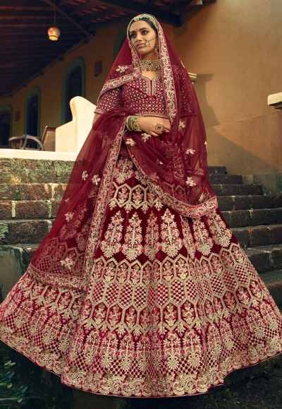 Maroon sequins work velvet bridal lehenga choli 5605