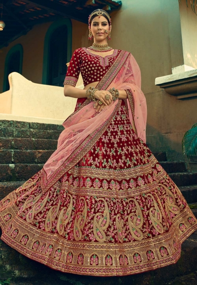 Maroon velvet embroidered bridal lehenga choli 5606