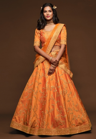 Orange art silk embroidered lehenga choli 7809