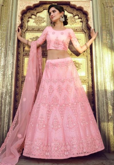 Pink net sequins work lehenga choli 7801