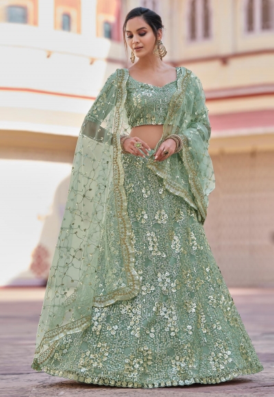 Sea green net sequins work lehenga choli 7802