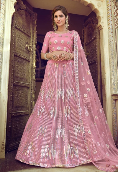 Pink net embroidered work lehenga choli 7805