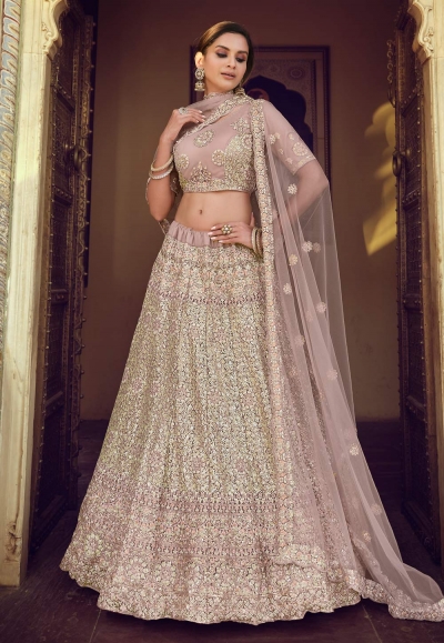 Pink net sequins work lehenga choli 7806