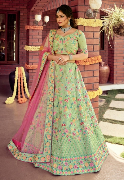 Green raw silk sequins work lehenga choli 7104