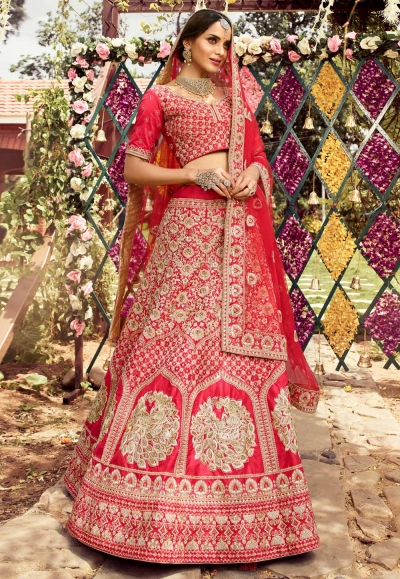 Red raw silk embroidered bridal lehenga choli 7110