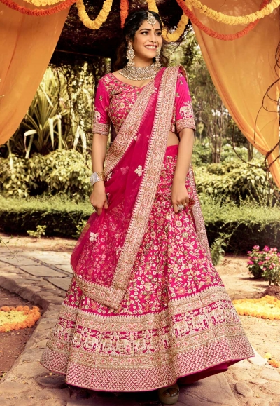 Pink raw silk embroidered work lehenga choli 7111