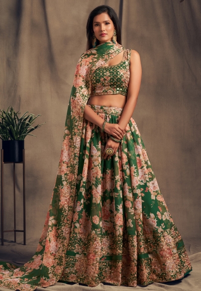 Green organza embroidered lehenga choli 7615