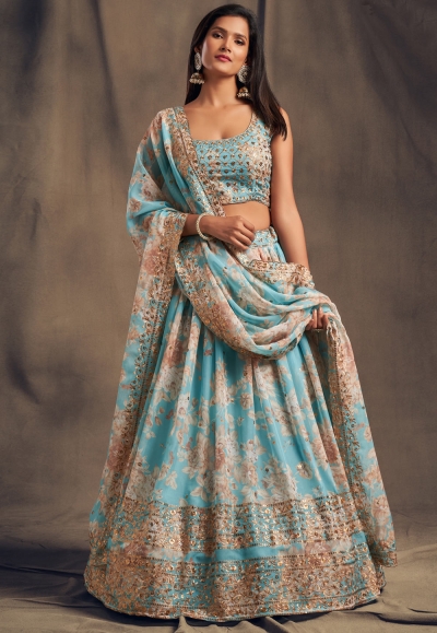 Sky blue organza embroidered lehenga choli 7619