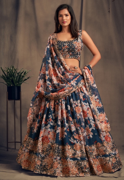 Blue organza sequins work lehenga choli 7614