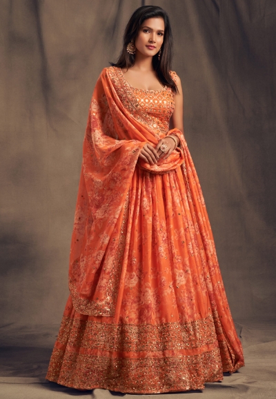 Orange organza sequins work lehenga choli 7612