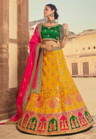 Yellow silk embroidered lehenga choli 133215