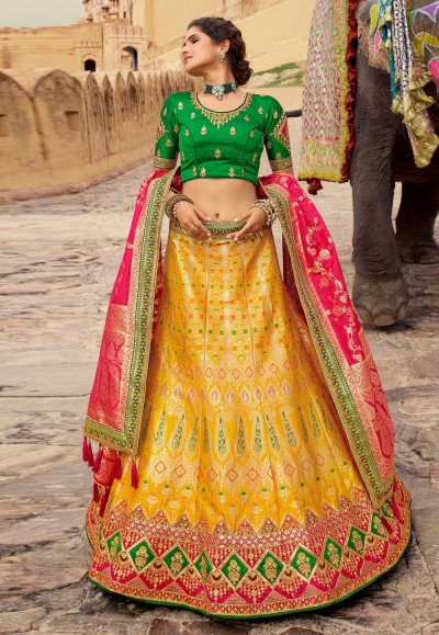 Yellow silk embroidered lehenga choli 133218