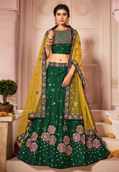 Green silk mirror work lehenga choli 1207