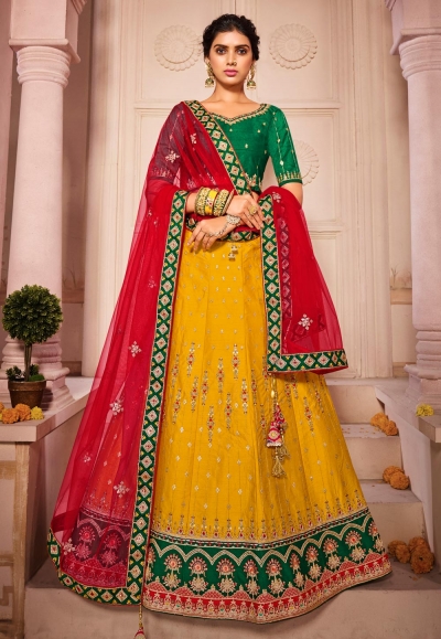 Yellow silk embroidered lehenga choli 1209