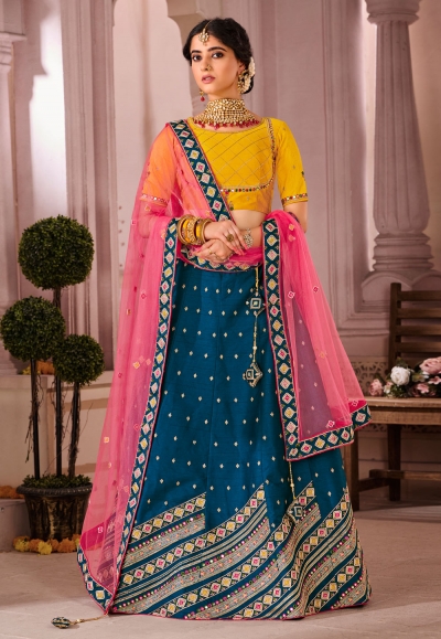 Buy Blue Jaal Lehenga Set with a Red Bloue and a Mustard upatta by Designer  NIDHI THOLIA Online at Ogaan.com